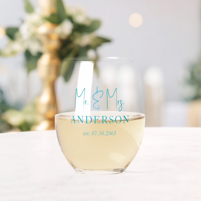 Mr. & Mrs. Last Name Turquoise Wedding Favour Stemless Wine Glass (Insitu (Wedding))