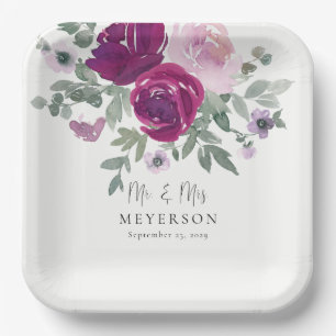 Mr & Mrs Magenta Blush Floral Ivory Wedding Paper Plate
