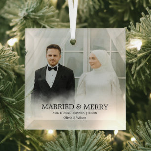 Mr. & Mrs. Married & Merry First Christmas Photo Glass Tree Decoration