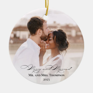 Mr. Mrs. Married Merry Photo Our First Christmas  Ceramic Ornament