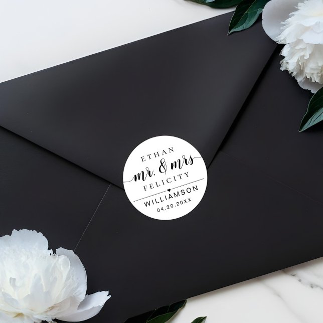 Mr. & Mrs. | Minimal Bride & Groom Black Wedding Classic Round Sticker (Mr. & Mrs. | Minimal Bride & Groom Black Wedding Classic Round Sticker)