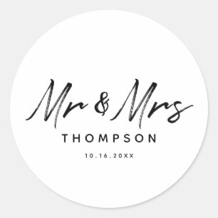 Mr. & Mrs. Modern Black White Script Wedding Classic Round Sticker