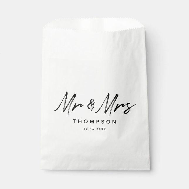 Mr. & Mrs. Modern Black White Script  Wedding   Favour Bag (Front)