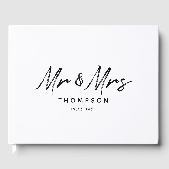Mr. & Mrs. Modern Black White Script  Wedding Guest Book (Front)