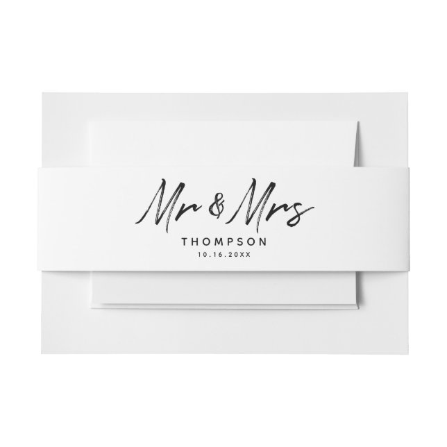 Mr. & Mrs. Modern Black White Script  Wedding Invitation Belly Band (Front Example)