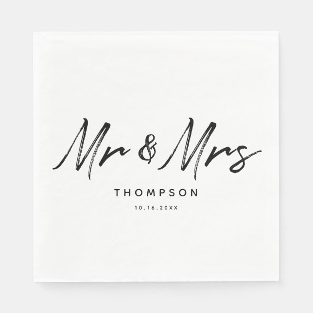 Mr. & Mrs. Modern Black White Script  Wedding Napkin (Front)