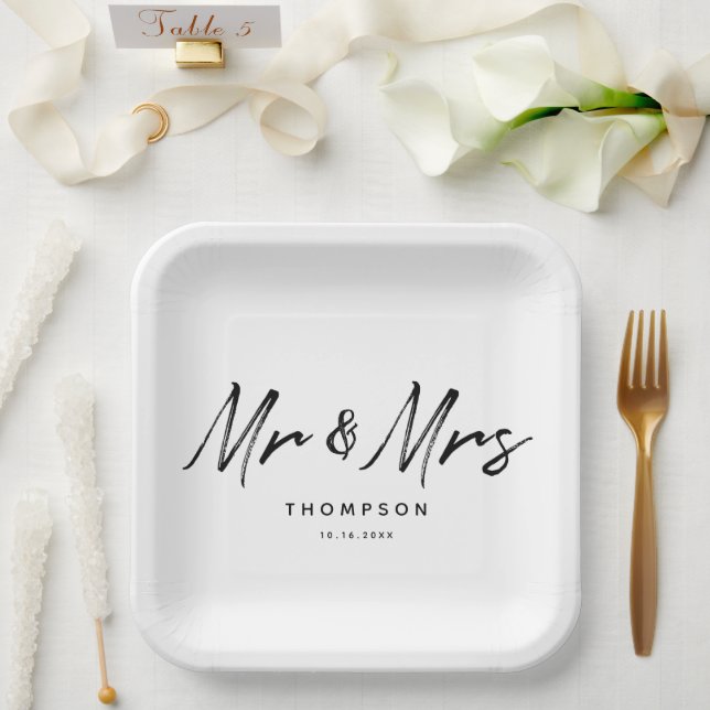 Mr. & Mrs. Modern Black White Script  Wedding  Paper Plate (Wedding)
