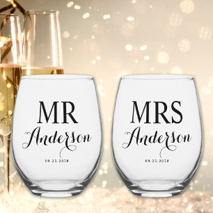 Mr & Mrs Modern Elegant Custom Name Date Wedding Stemless Wine Glass