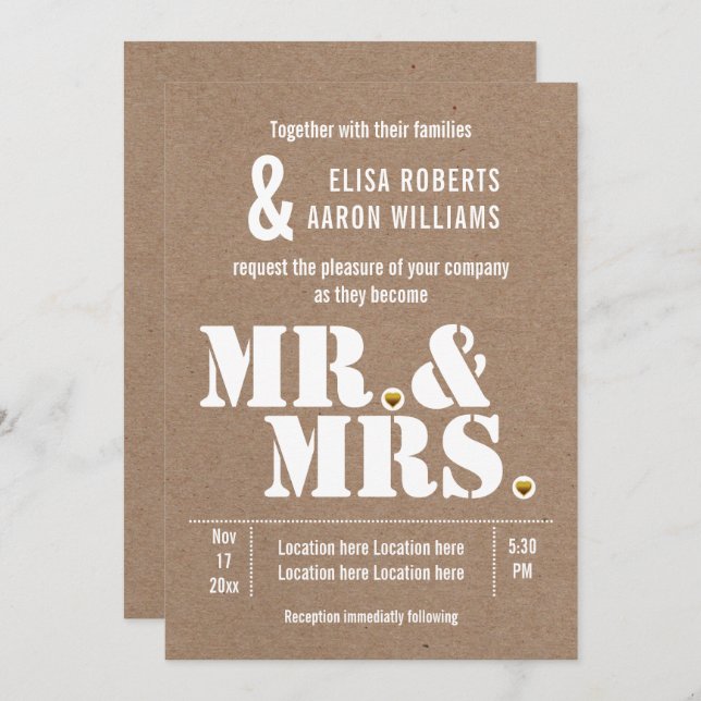 Mr. & Mrs. Modern typography kraft paper wedding Invitation (Front/Back)