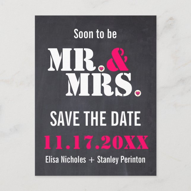 Mr. & Mrs. Modern typography wedding Save the Date Announcement Postcard (Front)