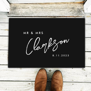 Mr Mrs Monogram Handwritten Script Modern Black Doormat