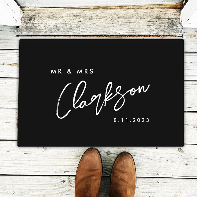 Mr Mrs Monogram Handwritten Script Modern Black Doormat (Creator Uploaded)