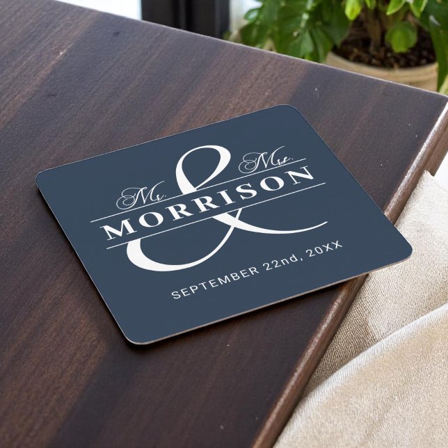 Mr Mrs Monogram Navy Blue Wedding  Square Paper Coaster (Creator Uploaded)