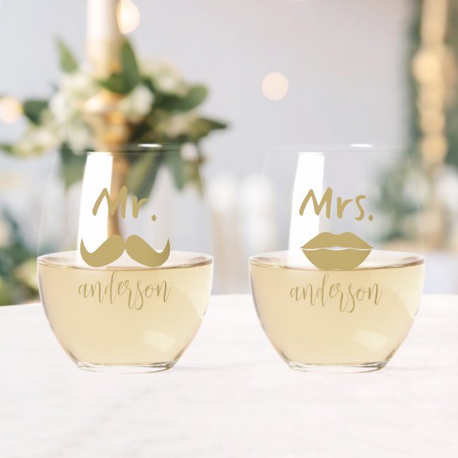 Mr & Mrs. Moustache Lips Personalised Wedding  Stemless Wine Glass (Insitu (Wedding))