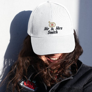 Mr & Mrs Name and Wedding Rings, Bride,Modern  Embroidered Hat