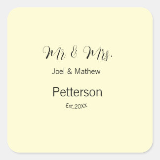 mr & mrs name est year wedding couple simple yello square sticker