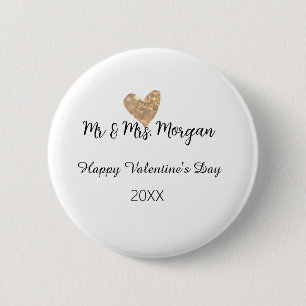 Mr & Mrs name happy Valentine's day gold heart  6 Cm Round Badge