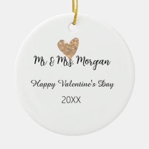 Mr & Mrs name happy Valentine's day gold heart Ceramic Ornament