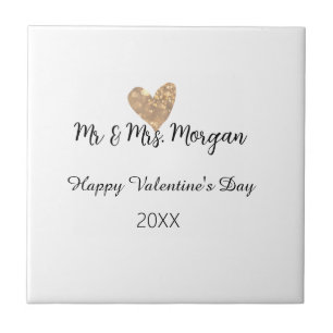 Mr & Mrs name happy Valentine's day gold heart Ceramic Tile