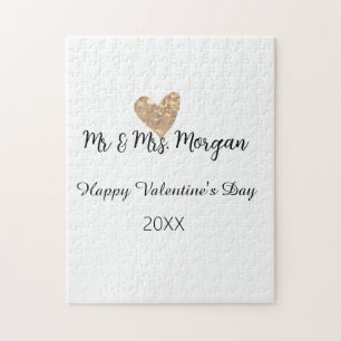 Mr & Mrs name happy Valentine's day gold heart Jigsaw Puzzle
