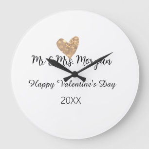 Mr & Mrs name happy Valentine's day gold heart  Large Clock