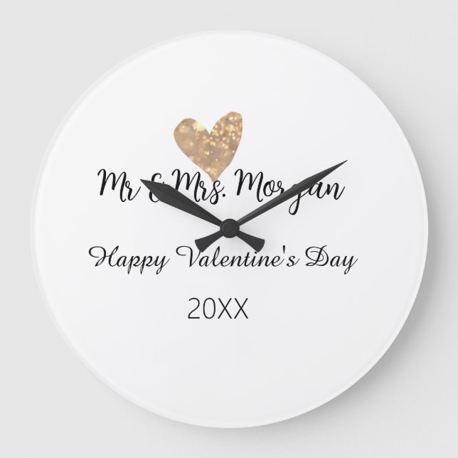 Mr & Mrs name happy Valentine's day gold heart  Large Clock (Front)