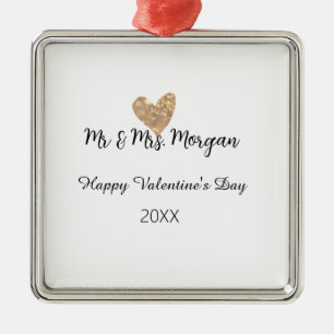 Mr & Mrs name happy Valentine's day gold heart Metal Ornament