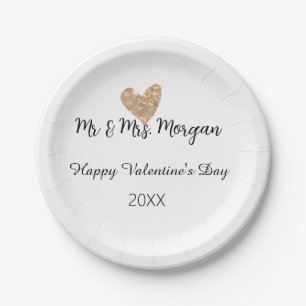 Mr & Mrs name happy Valentine's day gold heart Paper Plate