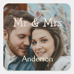 mr & mrs name photo christmas couple wedding yello square sticker