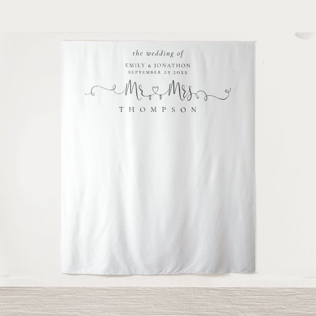 Mr Mrs Name Rings Heart Script Photo Background Tapestry (Front)