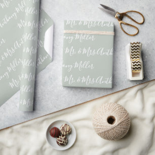 Mr. & Mrs. Name Sage Green Elegant Wrapping Paper