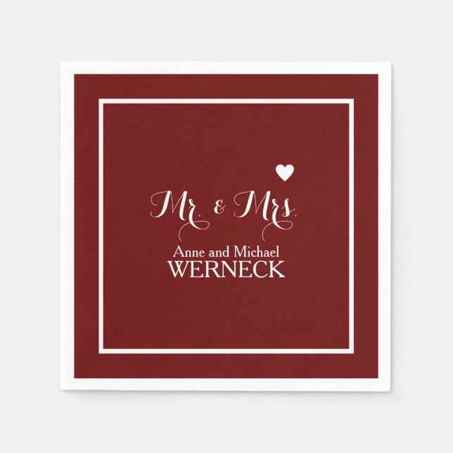 Mr & Mrs names dark Red Wedding Napkins (Front)