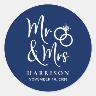 Mr Mrs Navy Blue Wedding Classic Round Sticker