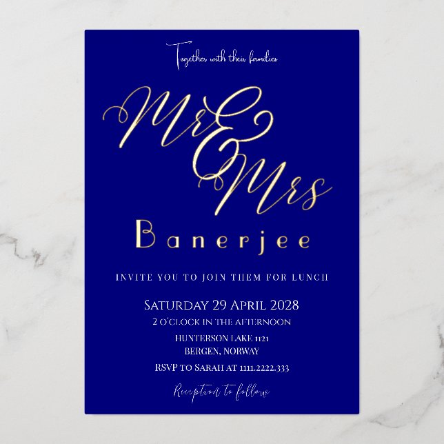 Mr & Mrs Navy Blue Wedding Foil Invitation (Front)