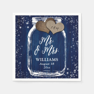 Mr. & Mrs. Navy Blue Wood Mason Jar Barn Wedding Napkin
