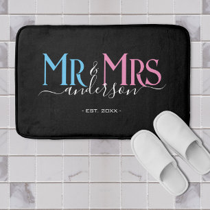 Mr & Mrs Newlywed Couple Wedding Anniversary Black Bath Mat