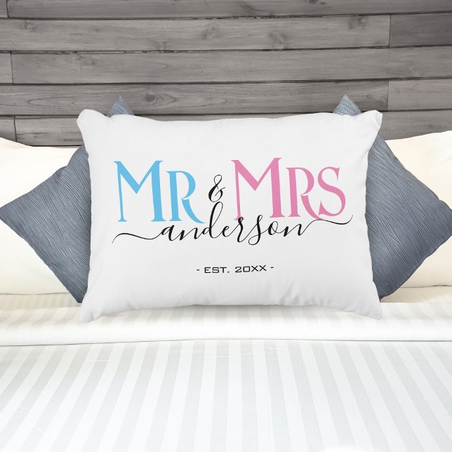 Mr & Mrs Newlywed Couple Wedding Anniversary White Decorative Cushion (Blue and Pink Mr & Mrs Newlywed Couple Wedding Anniversary White Accent Pillow)