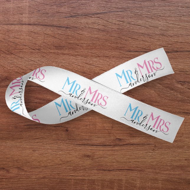 Mr & Mrs Newlywed Couple Wedding Gift Wrap White Satin Ribbon (Creator Uploaded)