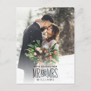 Mr. & Mrs. Newlywed Hand-Lettered Photo Christmas Holiday Postcard