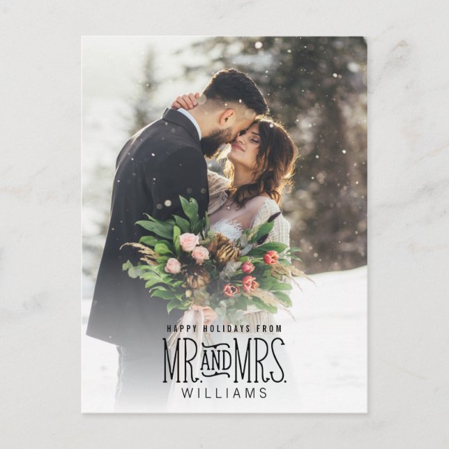 Mr. & Mrs. Newlywed Hand-Lettered Photo Christmas Holiday Postcard (Front)