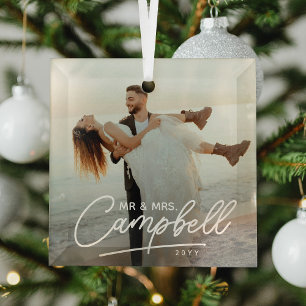 Mr & Mrs Newlywed Keepsake Playful Script Glass Tree Decoration