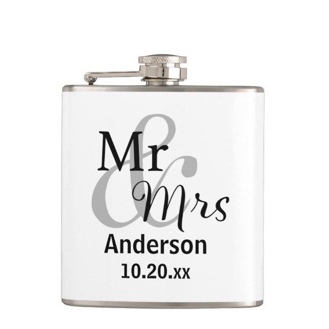 Mr. & Mrs. Newlywed Last Name with Wedding Date Hip Flask (Front)