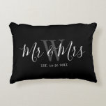 Mr Mrs Newlyweds Black White Script Monogram  Decorative Cushion<br><div class="desc">Surprise a couple with this Mr And Mrs Newlyweds Black White Script Monogram Accent Pillow. It is modern designed on both sides with black background. The centre has large dark grey monogram letter and the text is "mr and mrs" in white trendy hand lettered script. Established date is below the...</div>