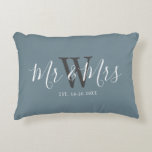 Mr Mrs Newlyweds Dusty Blue Script Monogram Decorative Cushion<br><div class="desc">Surprise a couple with this Mr And Mrs Newlyweds Dusty Blue Script Monogram Accent Pillow. It is modern designed on both sides with blue background. The centre has large dark grey monogram letter and the text is "mr and mrs" in white trendy hand lettered script. Established date is below the...</div>