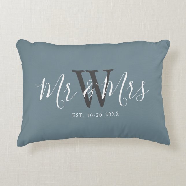 Mr Mrs Newlyweds Dusty Blue Script Monogram Decorative Cushion (Front)