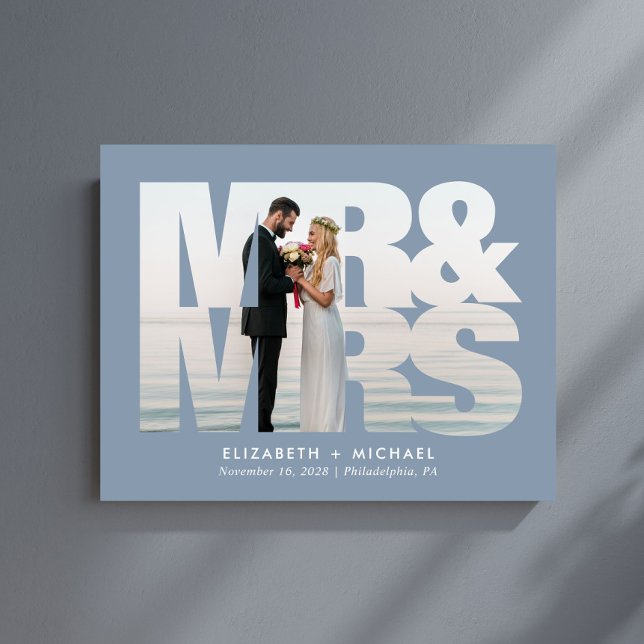 Mr Mrs Newlyweds Photo Dusty Blue Wedding  Acrylic Sign (Creator Uploaded)