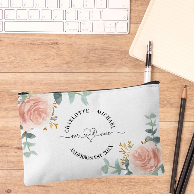 Mr mrs newlyweds rose gold floral greenery accessory pouch (Creator Uploaded)
