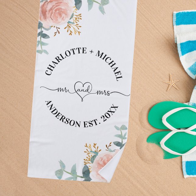 Mr mrs newlyweds rose gold florals greenery beach towel (Creator Uploaded)
