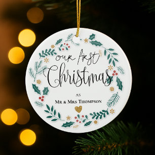 Mr & Mrs Our First Christmas 2025 Newlywed Wreath Ceramic Ornament