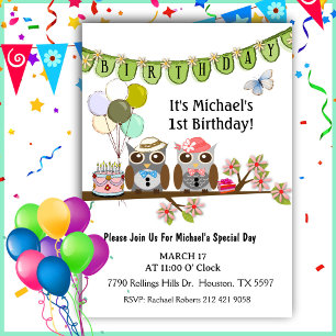 Mr & Mrs Party Owls 1st Birthday Invitation